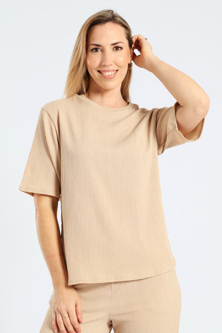 Side Slit Relaxed Oversized Crinkle Tee - Stone
