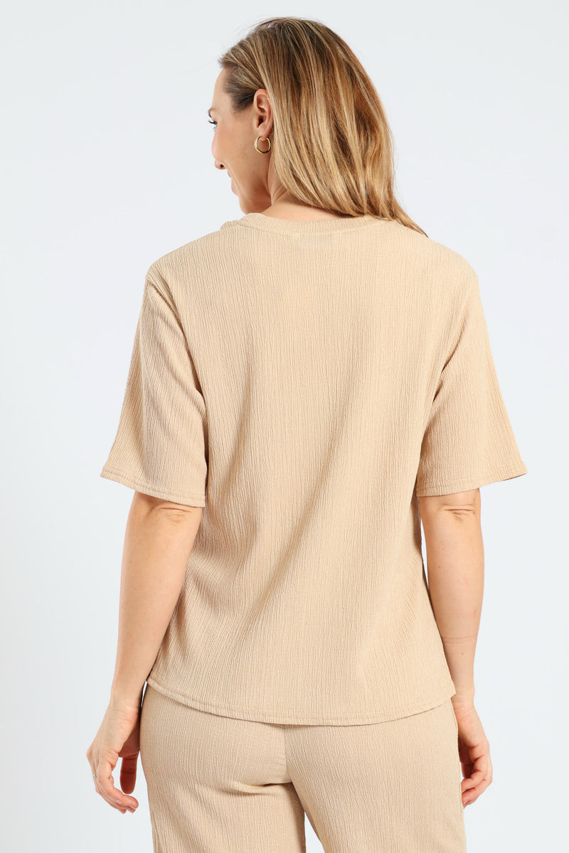 Side Slit Relaxed Oversized Crinkle Tee - Stone