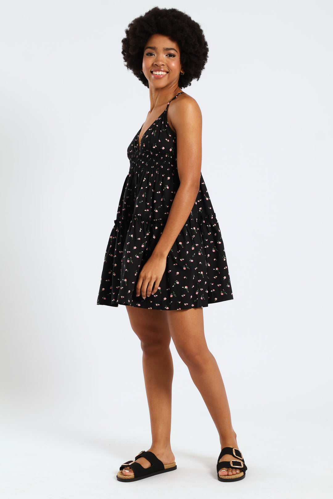 Strappy Babydoll Tiered Dress - Black