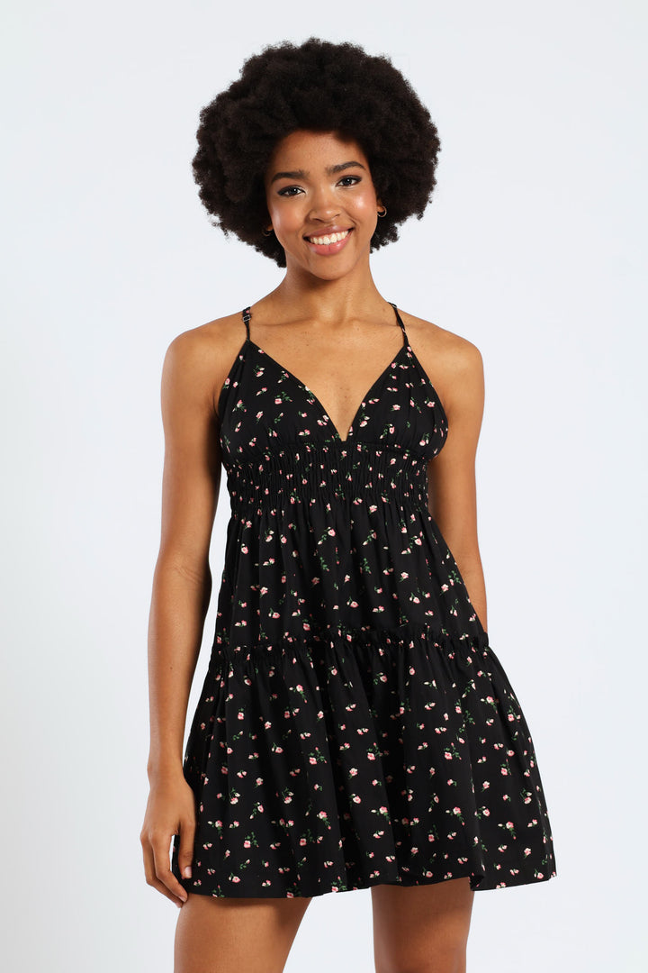 Strappy Babydoll Tiered Dress - Black