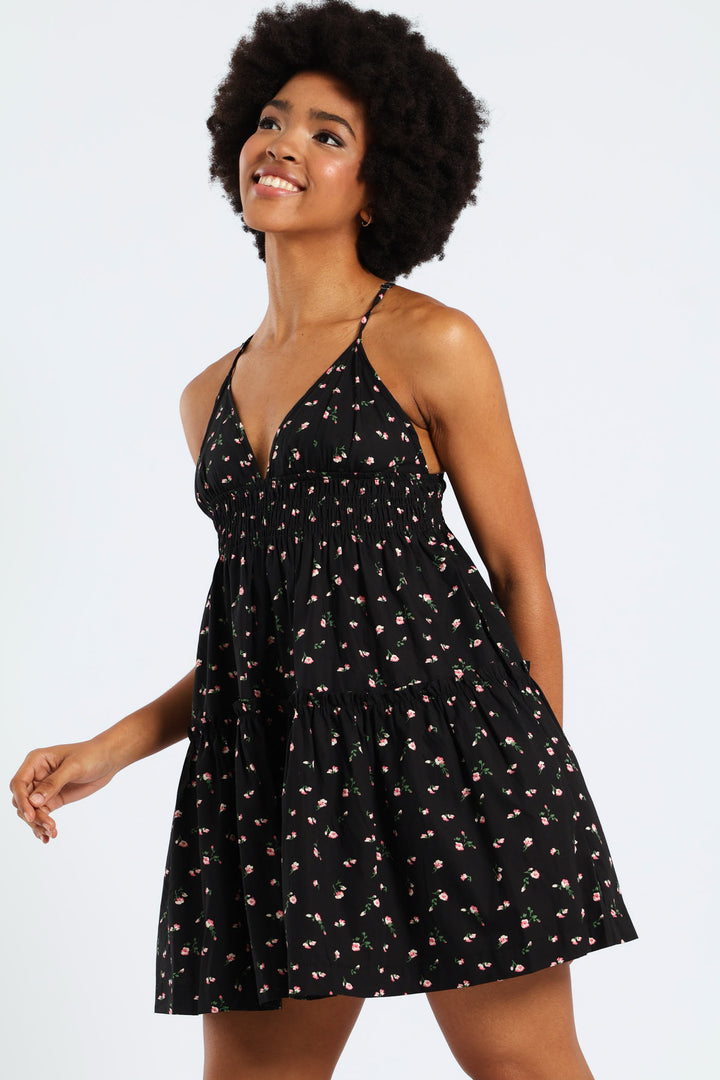 Strappy Babydoll Tiered Dress - Black
