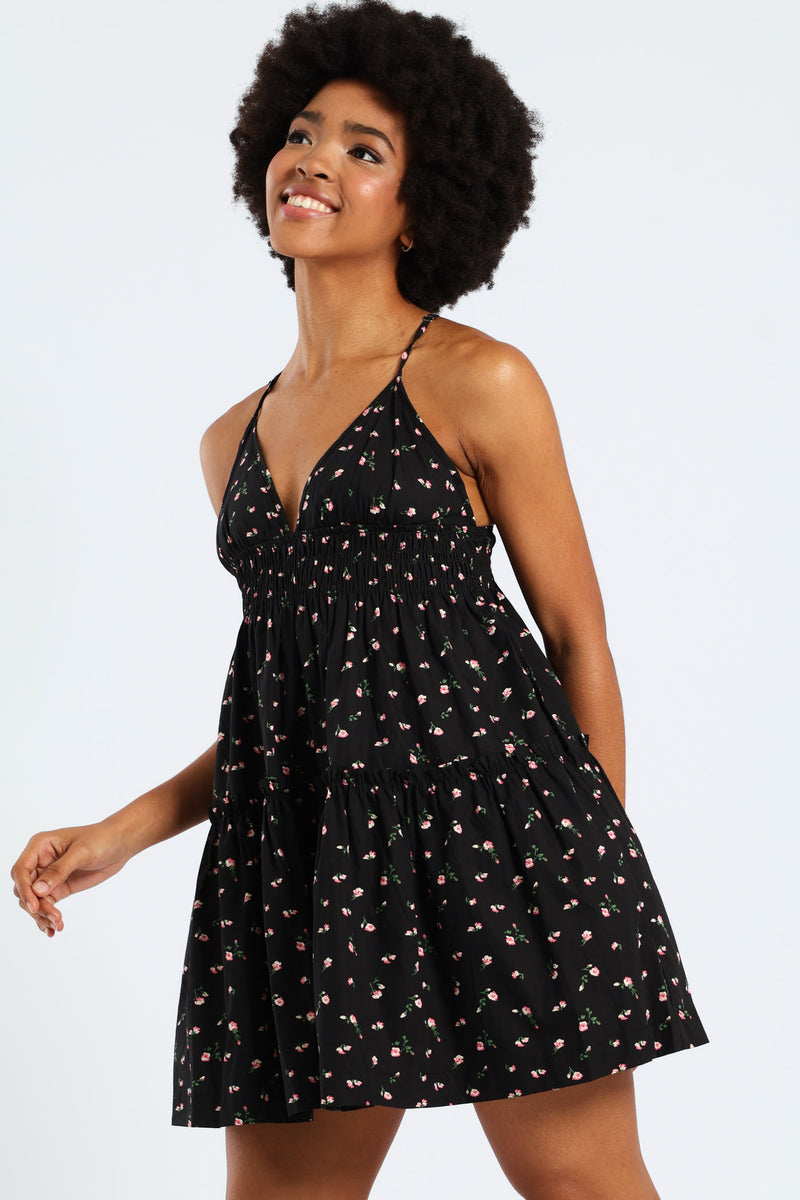 Strappy Babydoll Tiered Dress - Black