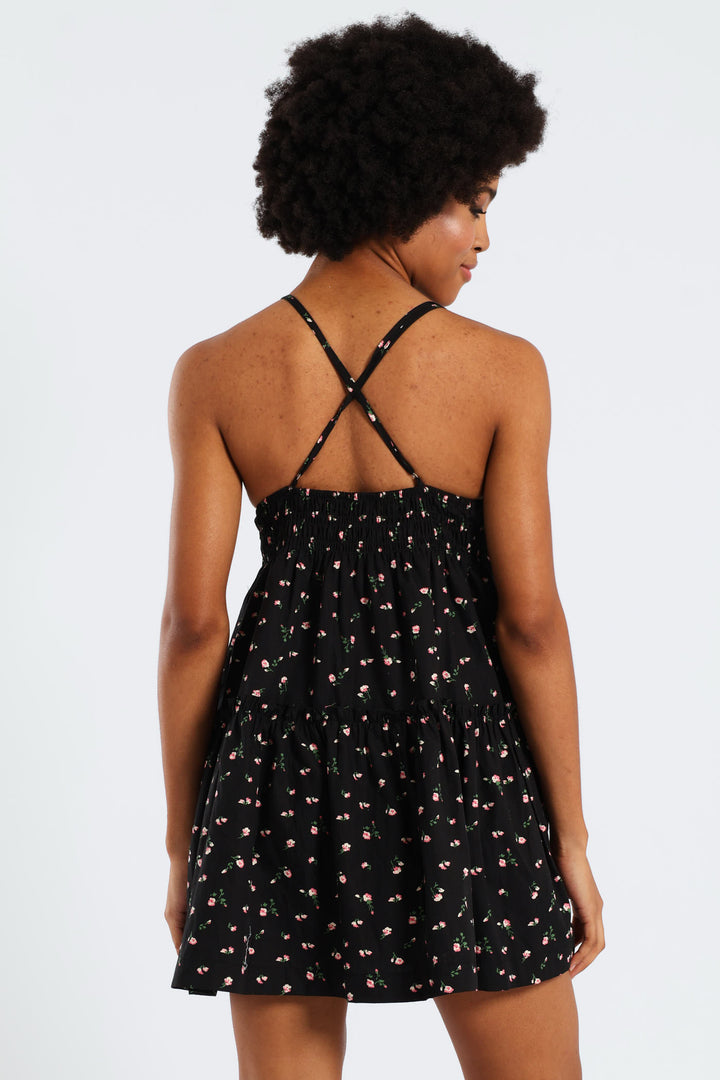 Strappy Babydoll Tiered Dress - Black