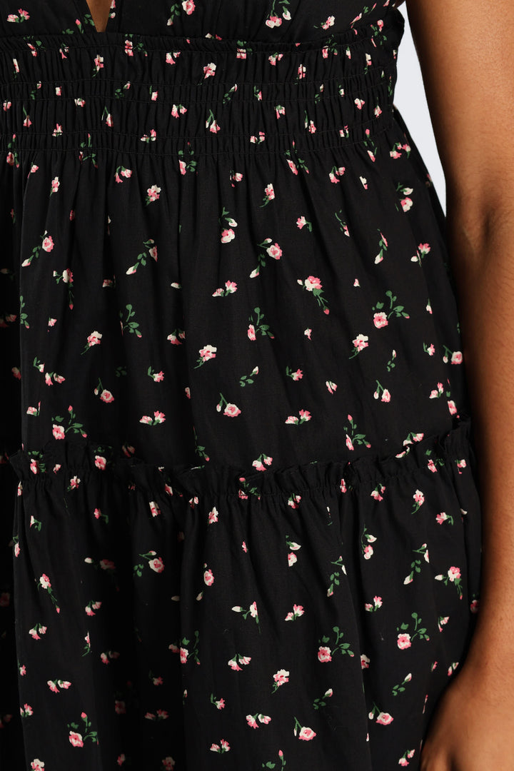 Strappy Babydoll Tiered Dress - Black