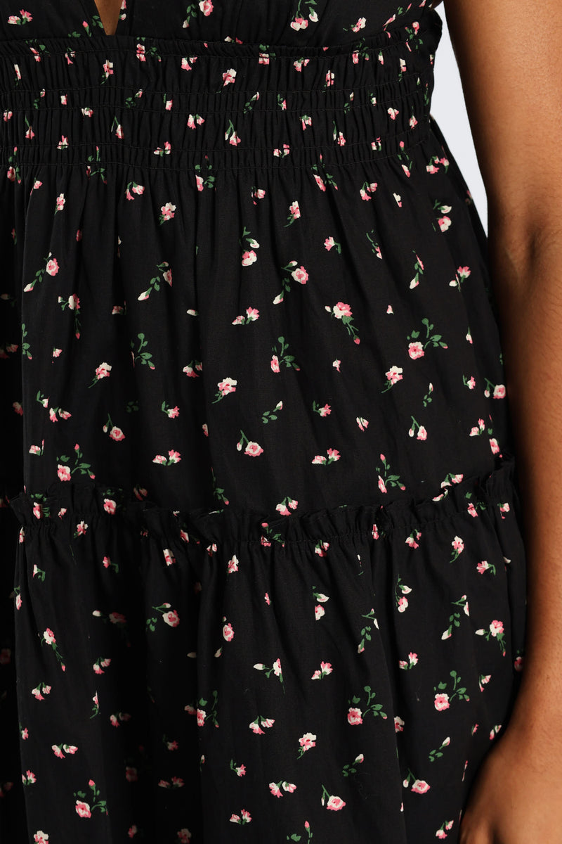 Strappy Babydoll Tiered Dress - Black