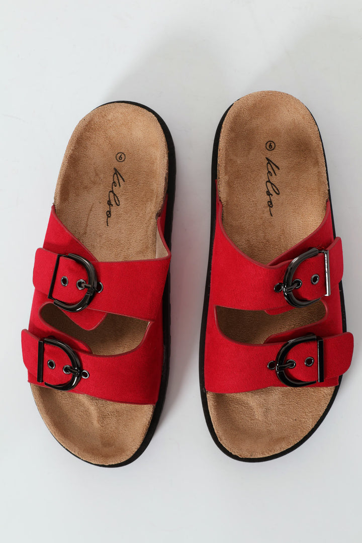 Double Buckle Slide Sandal On Flatform Rubber Sole - Red