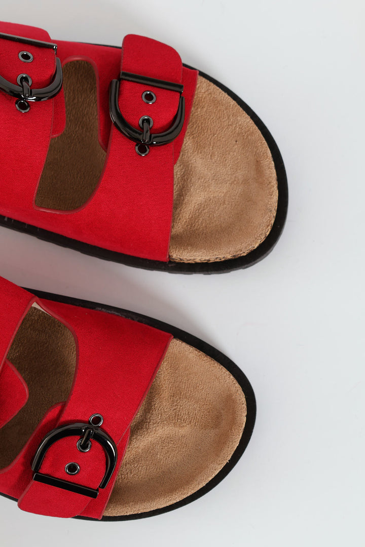 Double Buckle Slide Sandal On Flatform Rubber Sole - Red