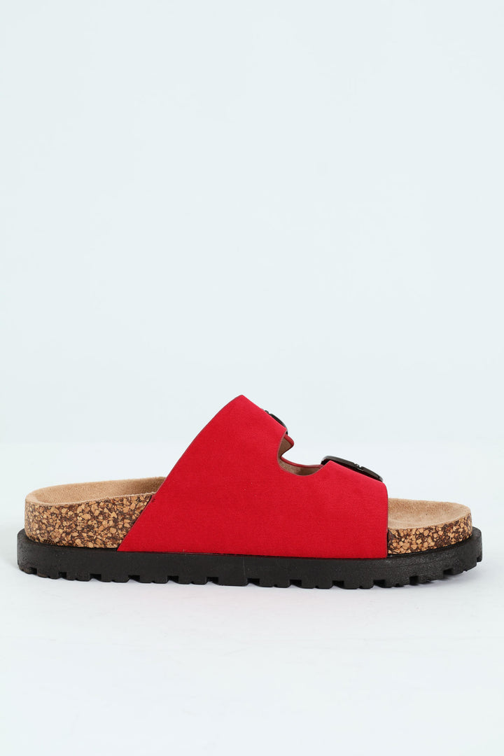 Double Buckle Slide Sandal On Flatform Rubber Sole - Red