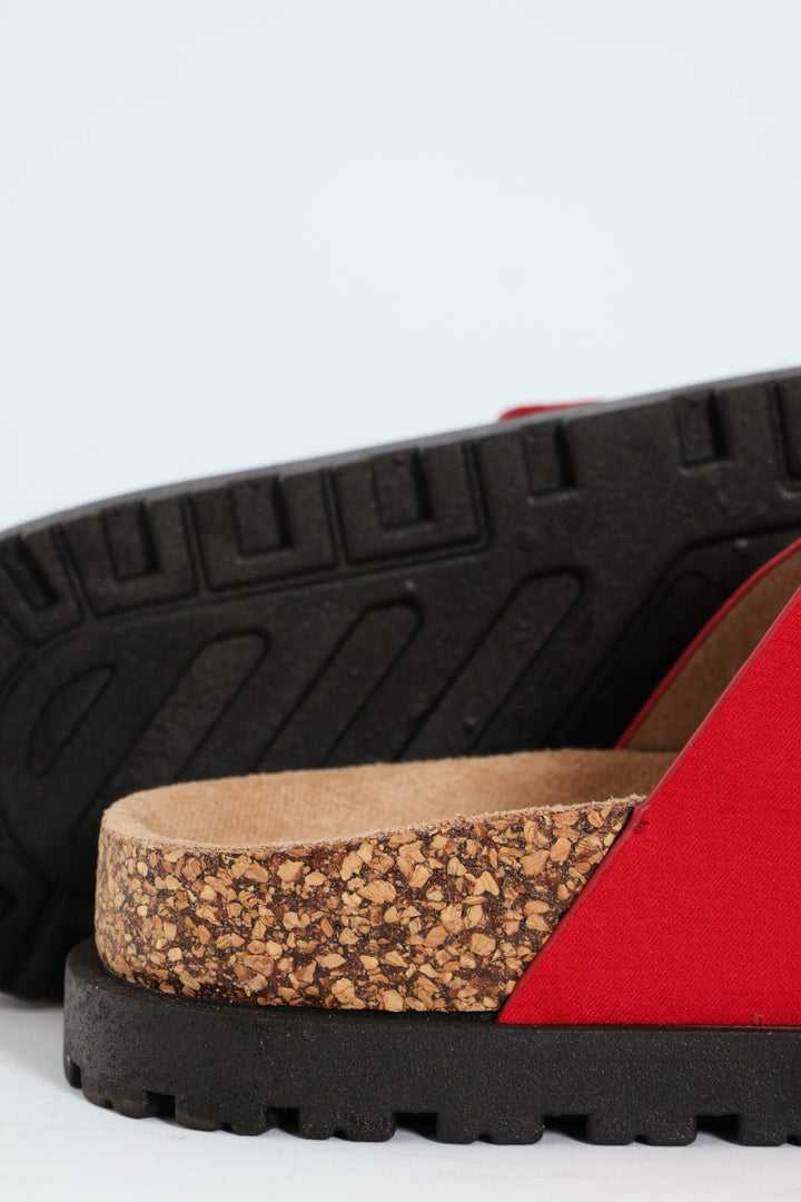 Double Buckle Slide Sandal On Flatform Rubber Sole - Red