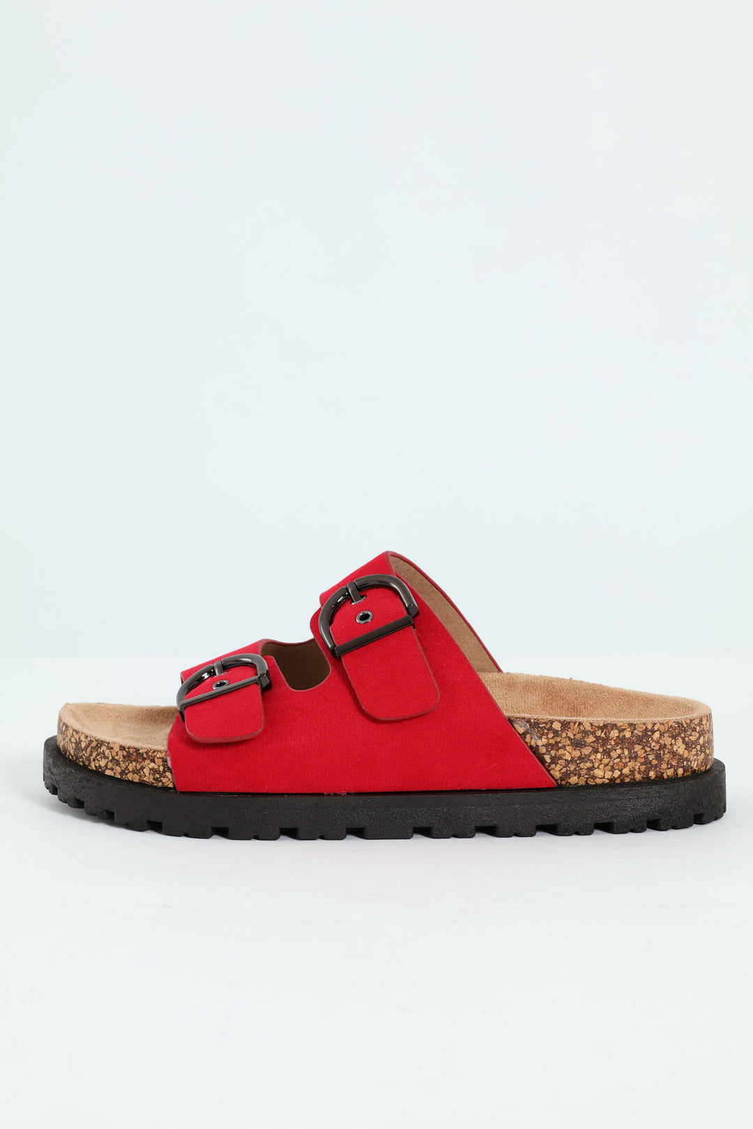 Double Buckle Slide Sandal On Flatform Rubber Sole - Red