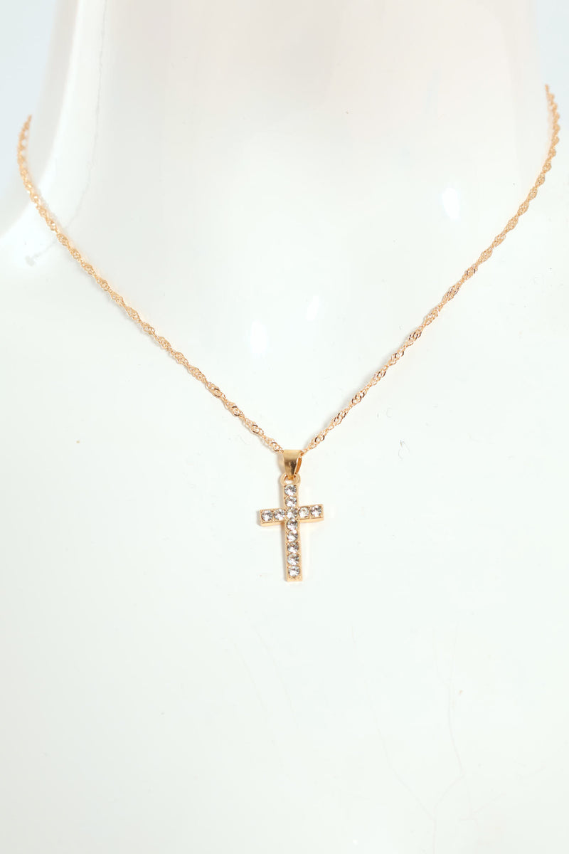 Diamante Pendant Cross Necklace - Gold