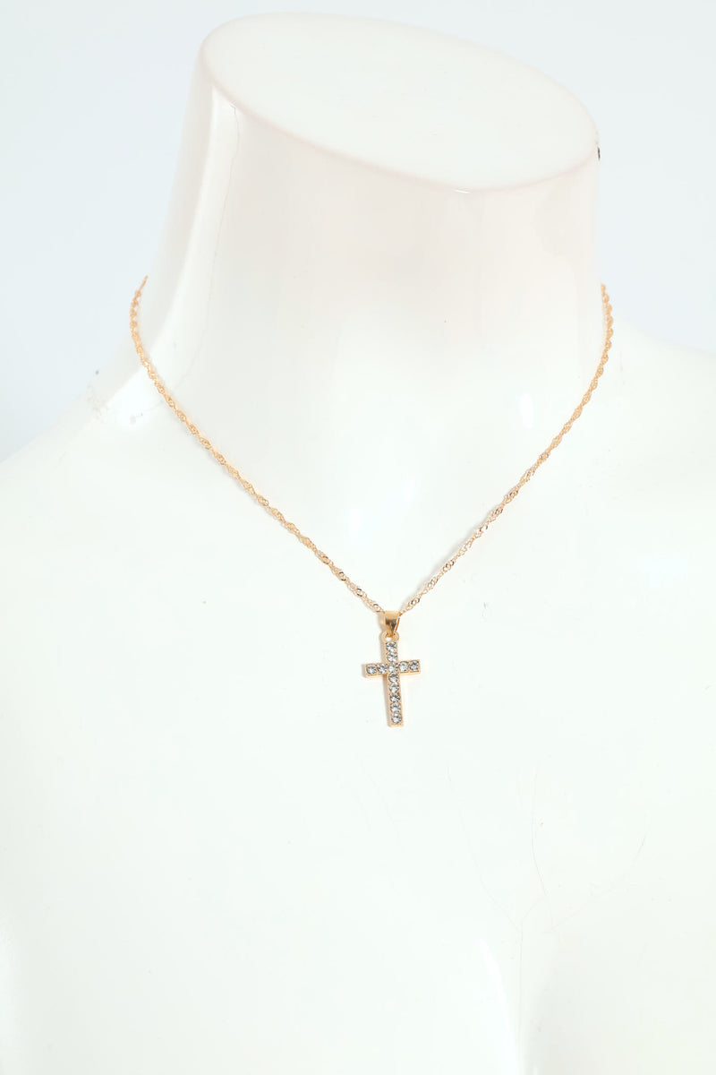 Diamante Pendant Cross Necklace - Gold