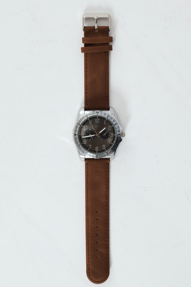 Brushed Metal Pu Strap Watch - Brown