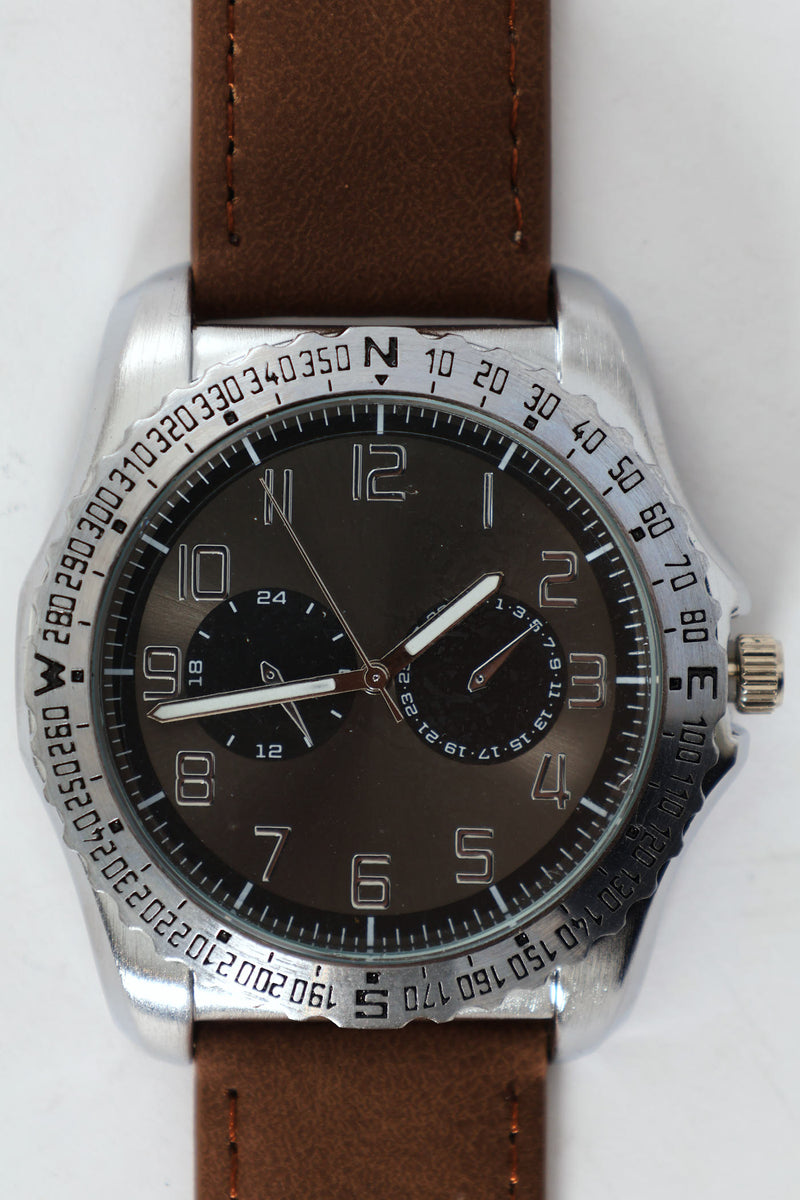 Brushed Metal Pu Strap Watch - Brown