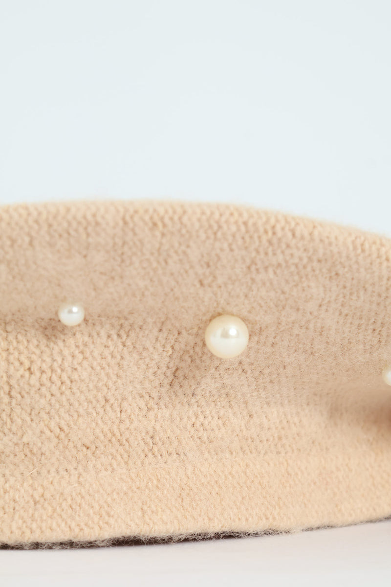 Faux Pearl Bead Beret - Cream