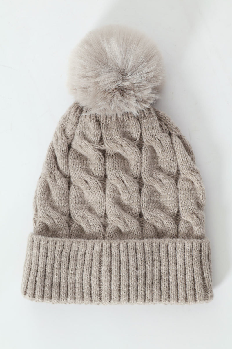 Cable Knit Turn Up Pom Pom Beanie - Grey Melange