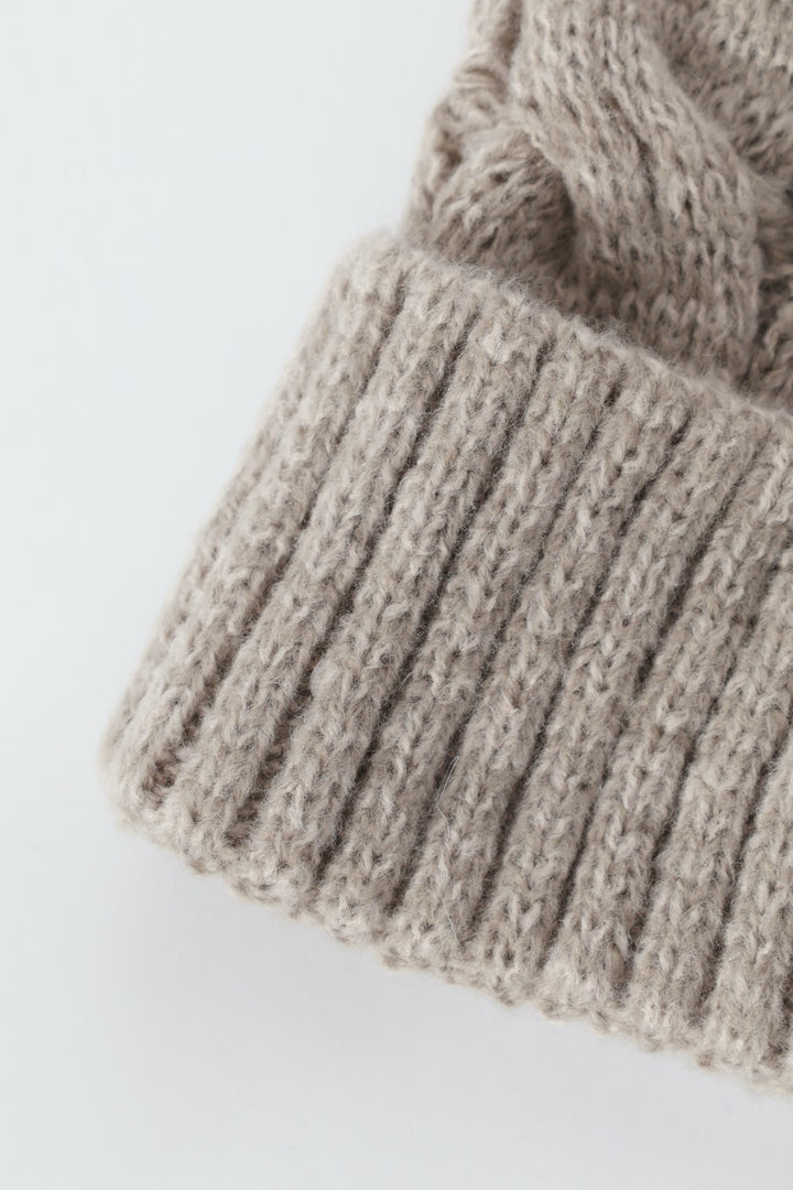 Cable Knit Turn Up Pom Pom Beanie - Grey Melange
