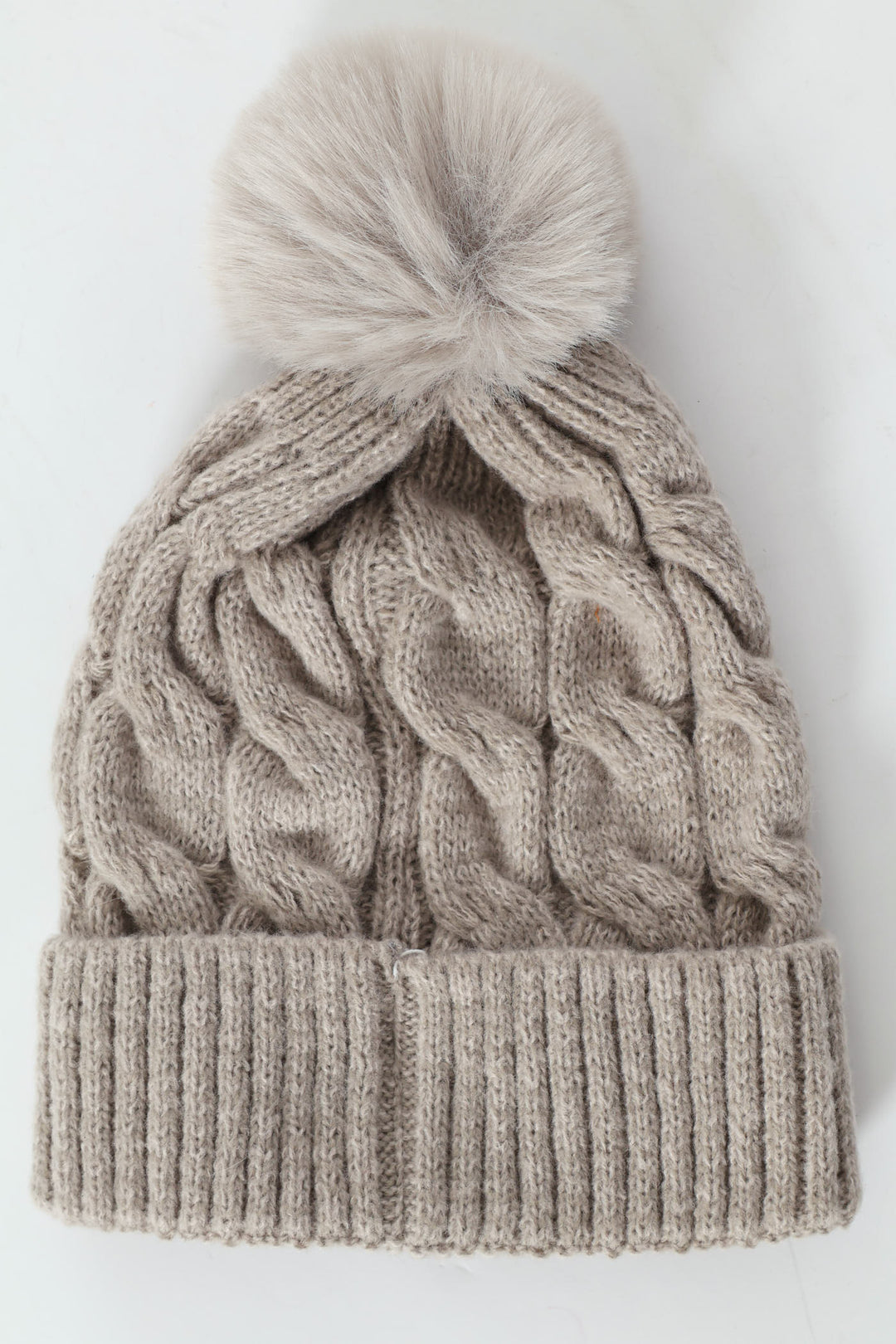 Cable Knit Turn Up Pom Pom Beanie - Grey Melange