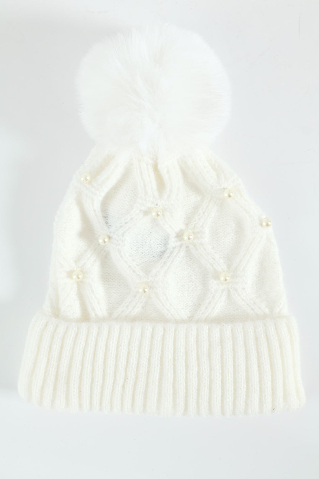 Faux Pearl Bead Turn Up Pom Pom Beanie - Cream