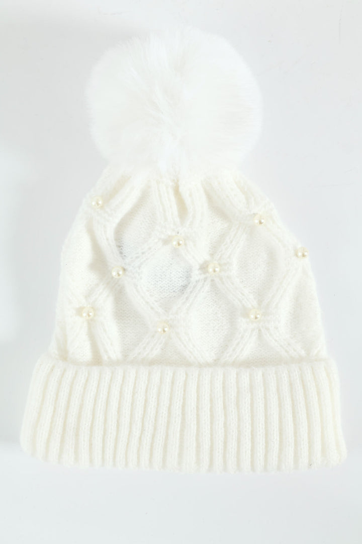Faux Pearl Bead Turn Up Pom Pom Beanie - Cream