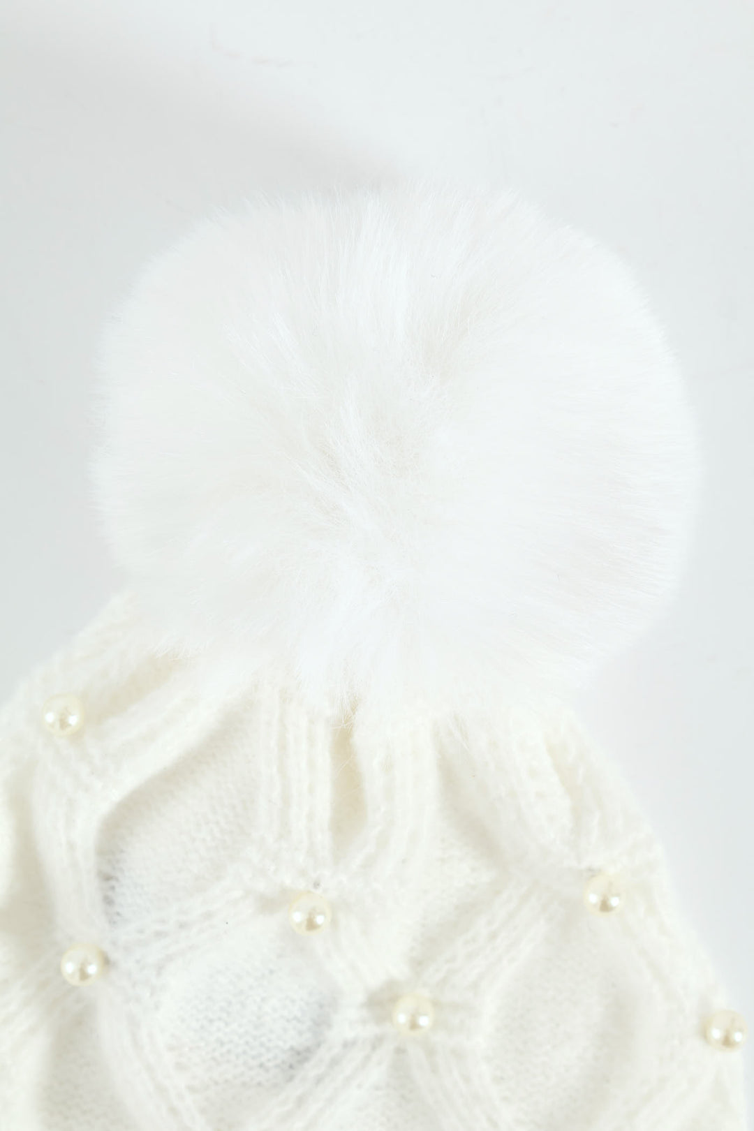 Faux Pearl Bead Turn Up Pom Pom Beanie - Cream