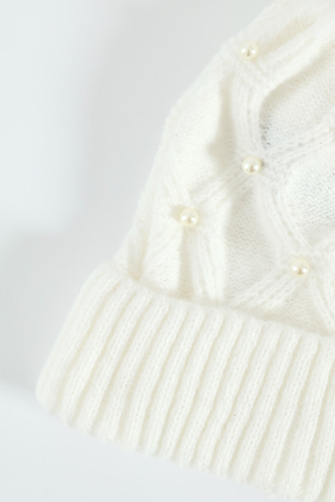 Faux Pearl Bead Turn Up Pom Pom Beanie - Cream