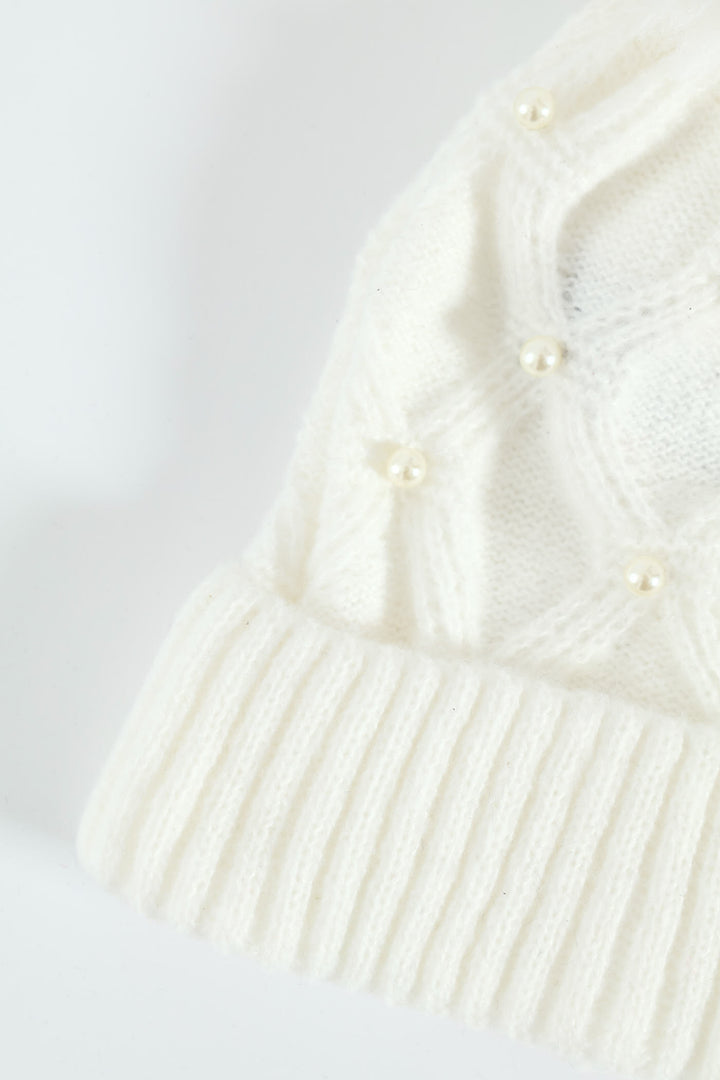 Faux Pearl Bead Turn Up Pom Pom Beanie - Cream