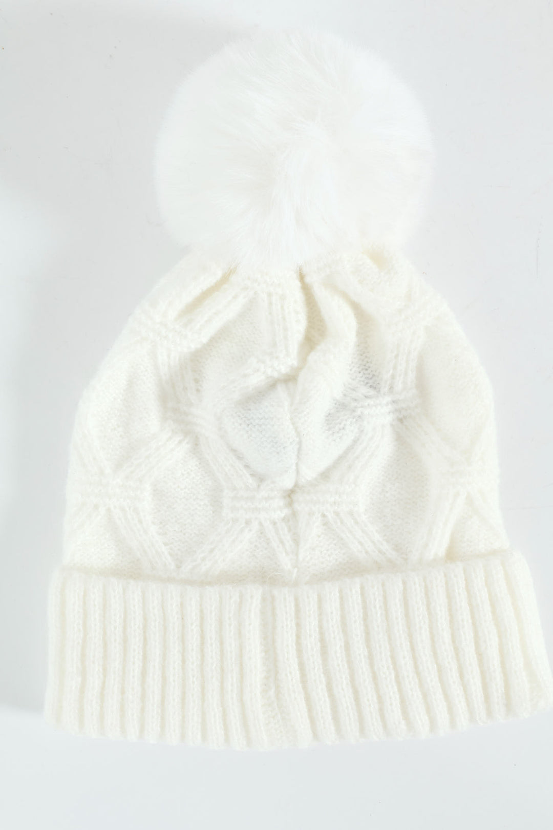 Faux Pearl Bead Turn Up Pom Pom Beanie - Cream