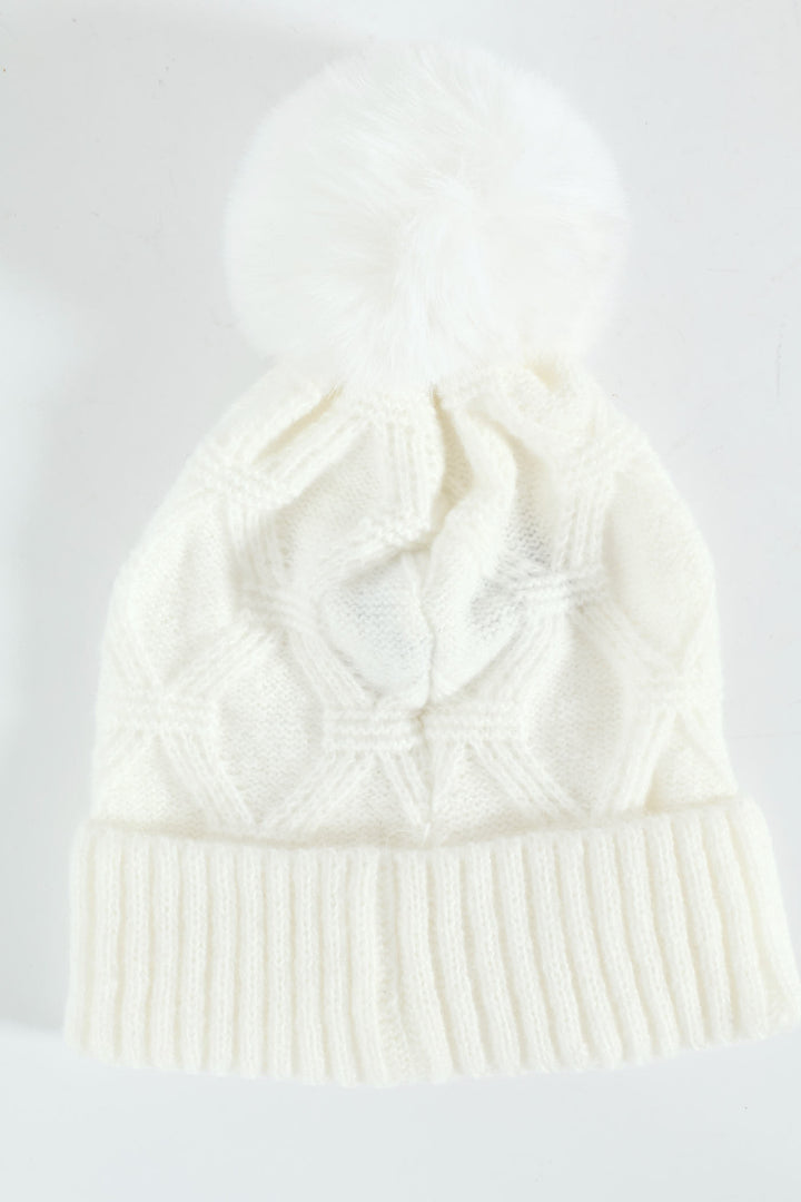 Faux Pearl Bead Turn Up Pom Pom Beanie - Cream