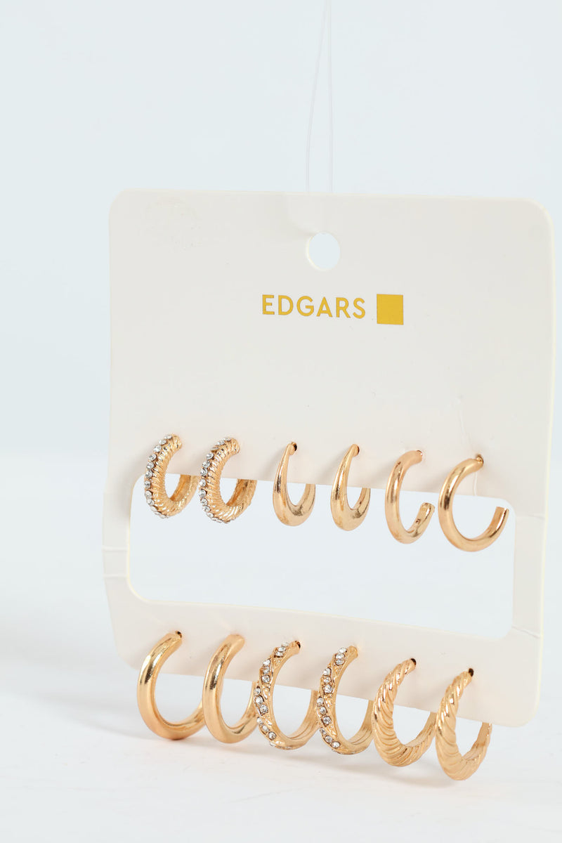 6 Pack Diamante Hoop Earrings - Gold