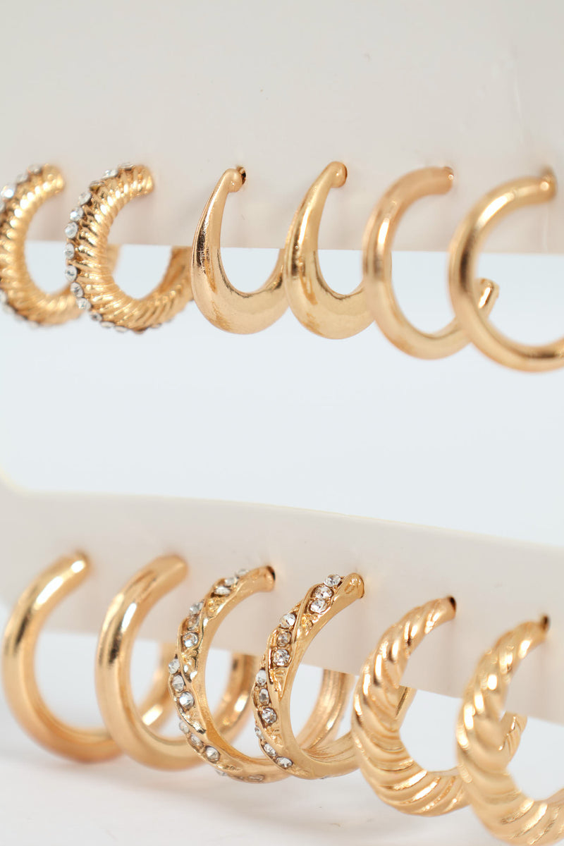 6 Pack Diamante Hoop Earrings - Gold