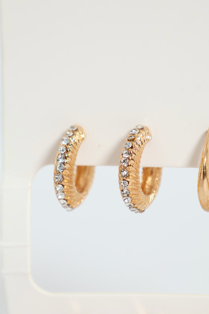6 Pack Diamante Hoop Earrings - Gold