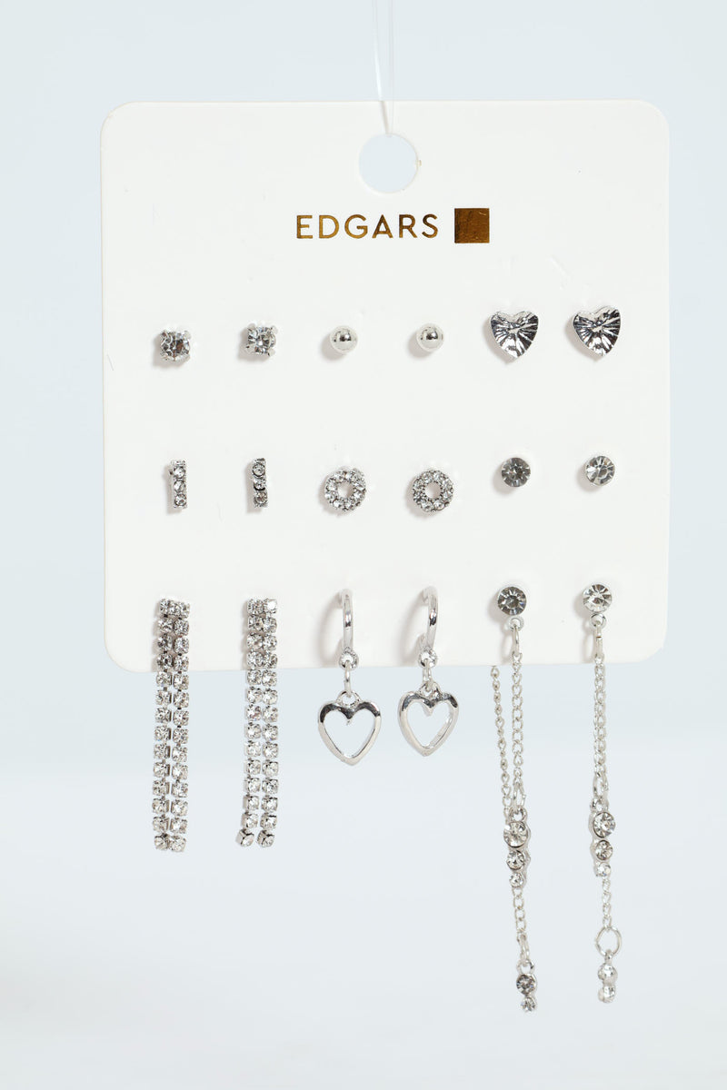 9 Pack Heart And Hanging Diamante Earrings - Silver