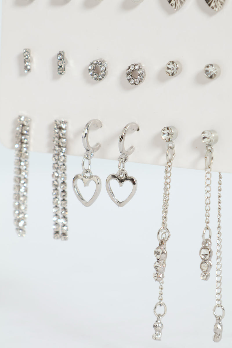 9 Pack Heart And Hanging Diamante Earrings - Silver
