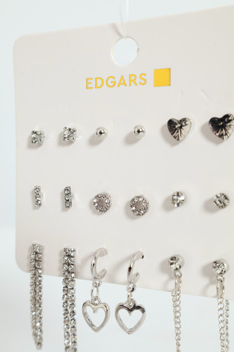9 Pack Heart And Hanging Diamante Earrings - Silver