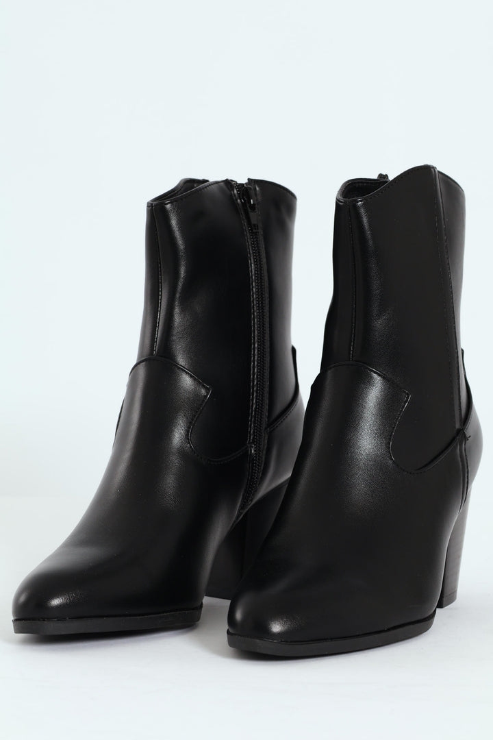 Round Toe Cowboy Ankle Boot - Black