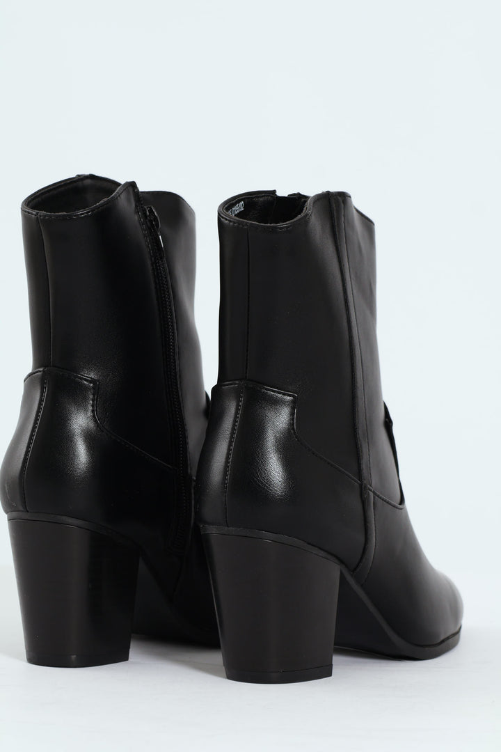 Round Toe Cowboy Ankle Boot - Black