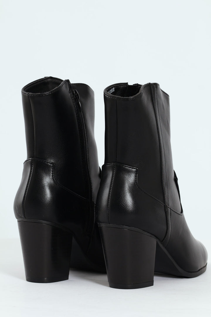 Round Toe Cowboy Ankle Boot - Black