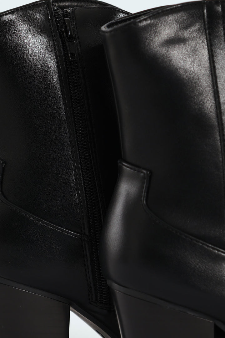 Round Toe Cowboy Ankle Boot - Black