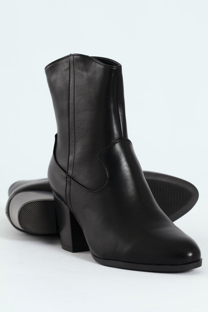 Round Toe Cowboy Ankle Boot - Black