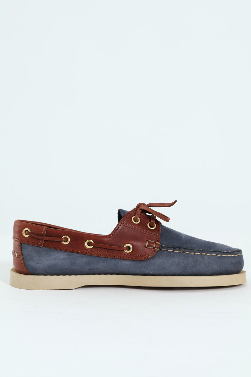 2 Tone Leather Docksider - Navy/Brown