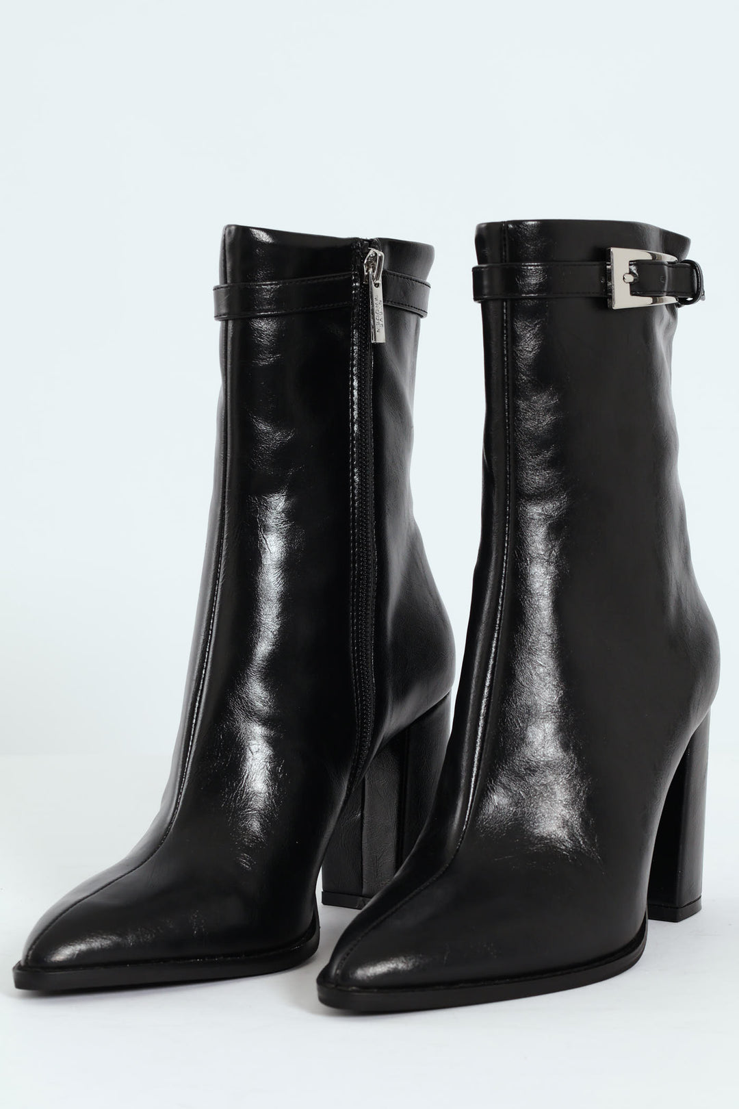 Brentley Pointed Toe Buckle Heeled Boot - Black