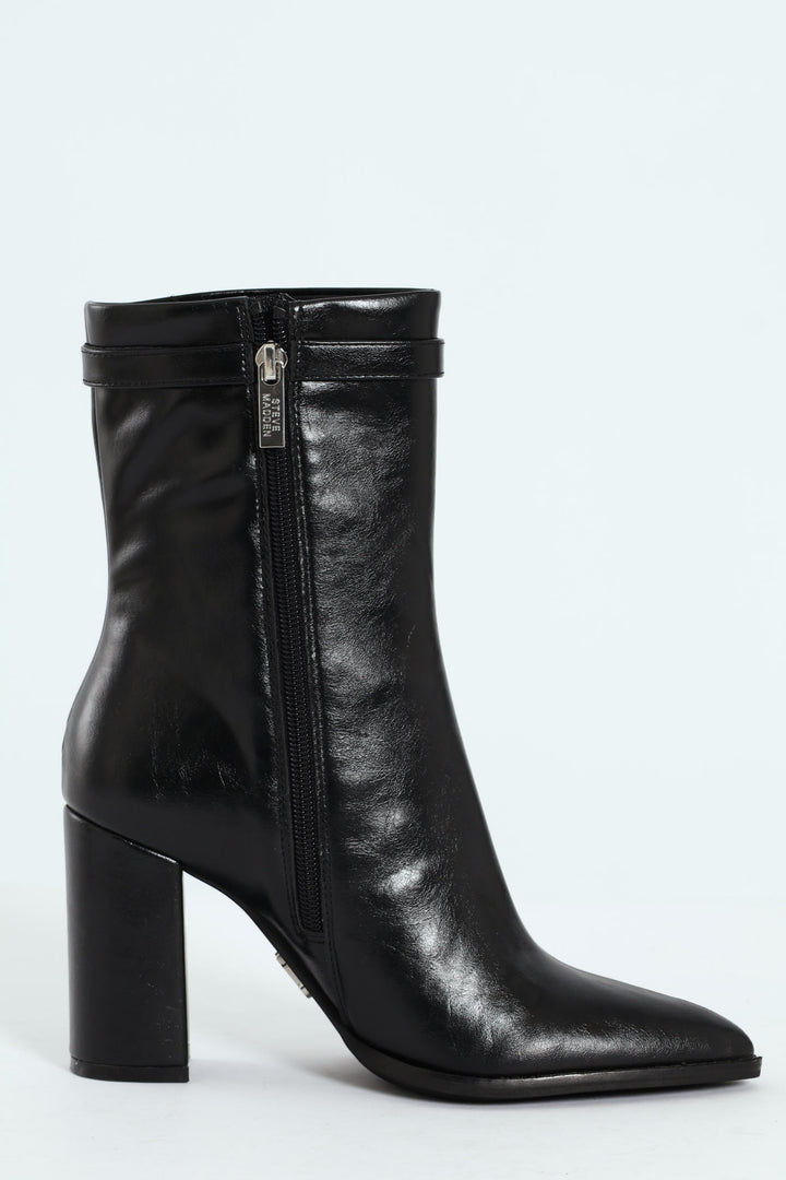 Brentley Pointed Toe Buckle Heeled Boot - Black