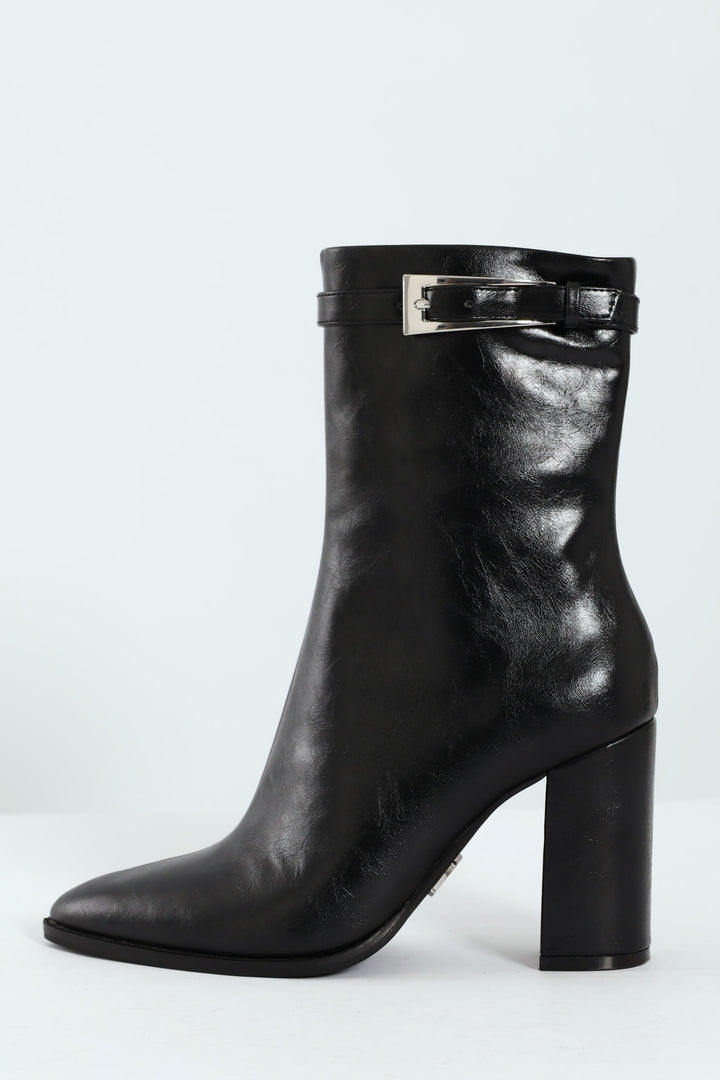 Brentley Pointed Toe Buckle Heeled Boot - Black