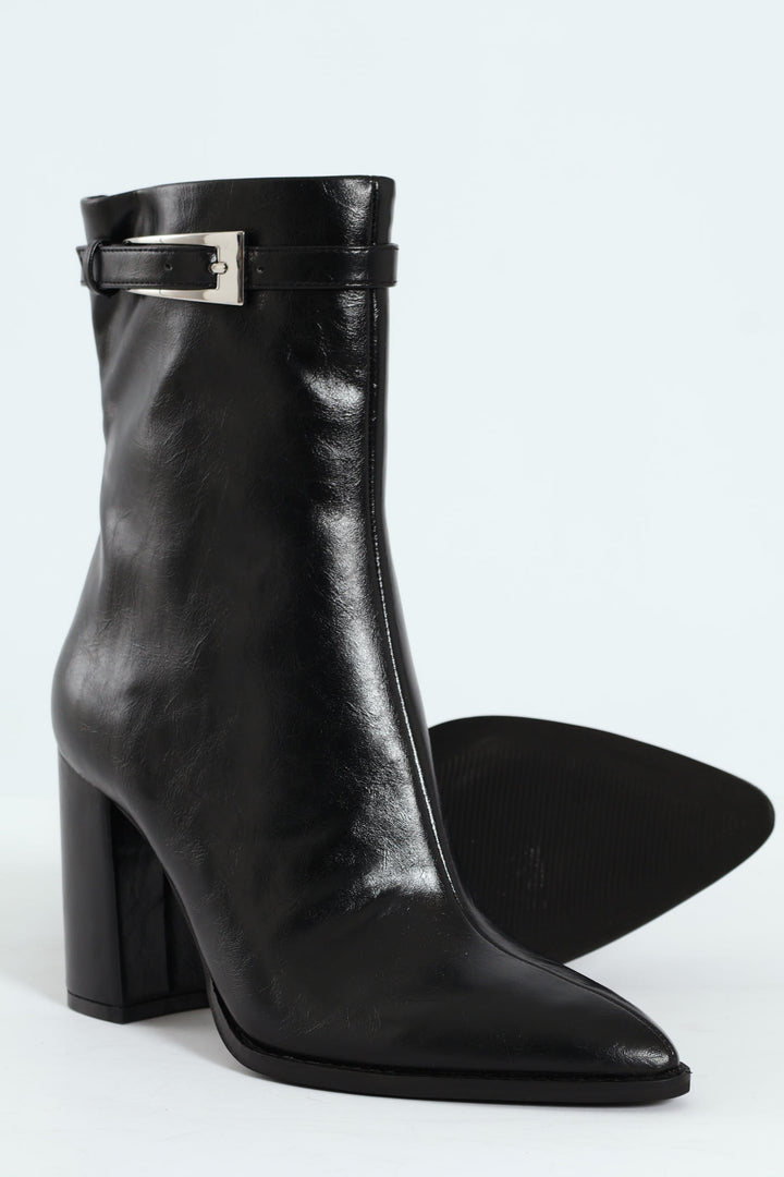 Brentley Pointed Toe Buckle Heeled Boot - Black