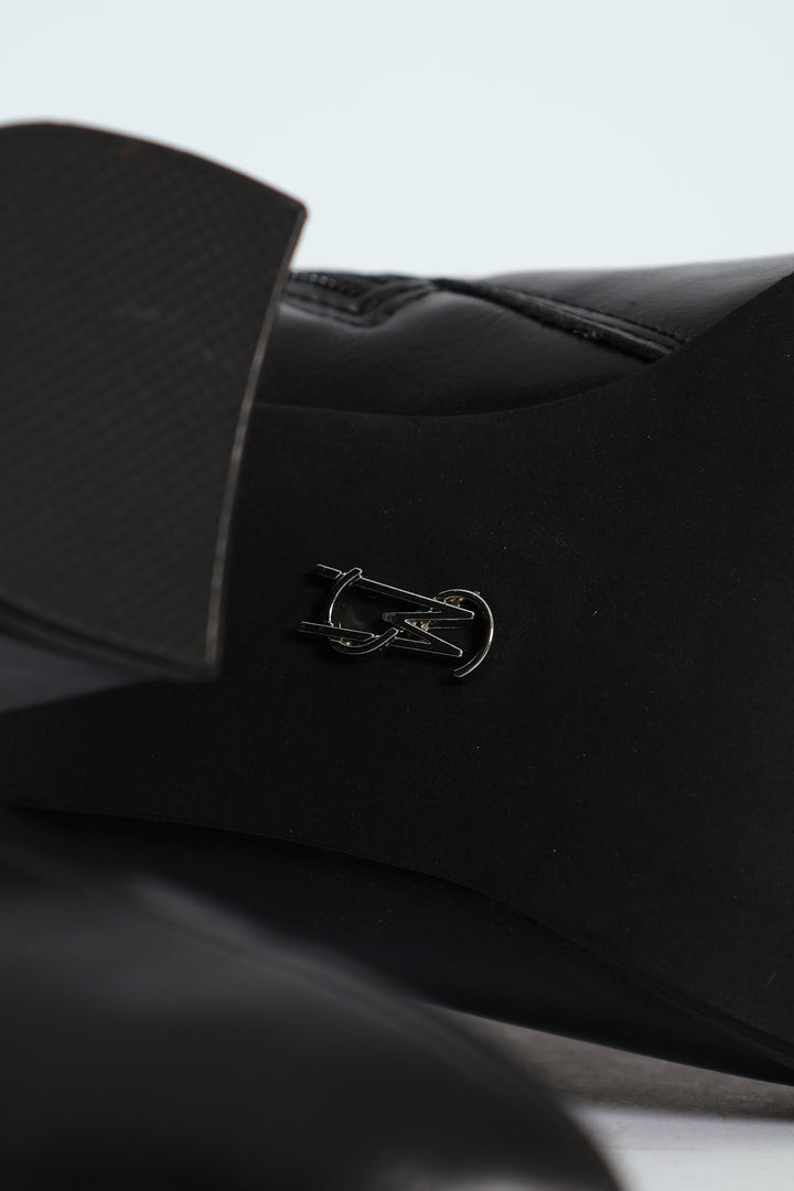 Brentley Pointed Toe Buckle Heeled Boot - Black