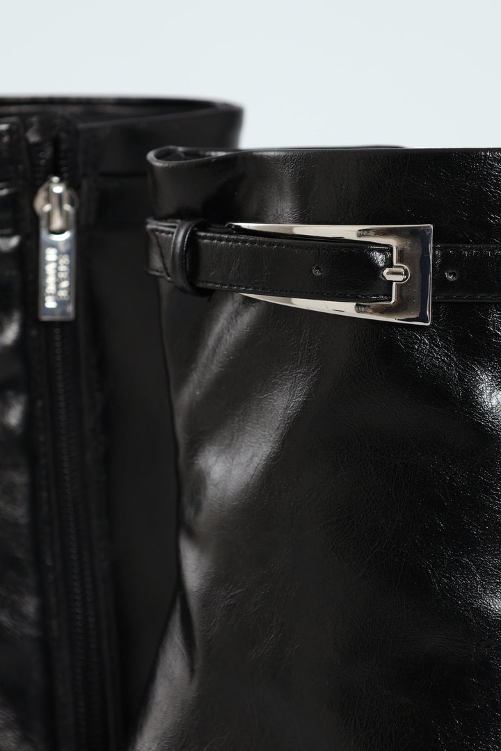 Brentley Pointed Toe Buckle Heeled Boot - Black