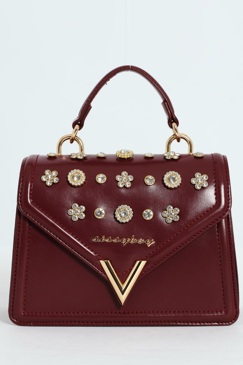 Handbag With Front Bling Detail - Burgundy