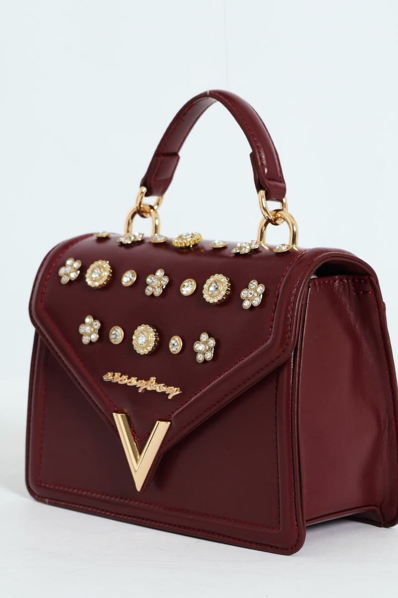 Handbag With Front Bling Detail - Burgundy