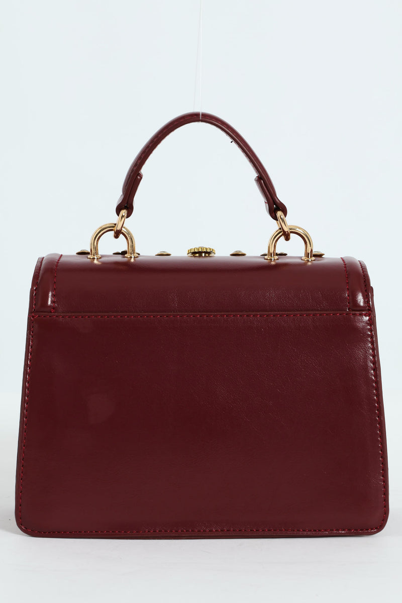 Handbag With Front Bling Detail - Burgundy